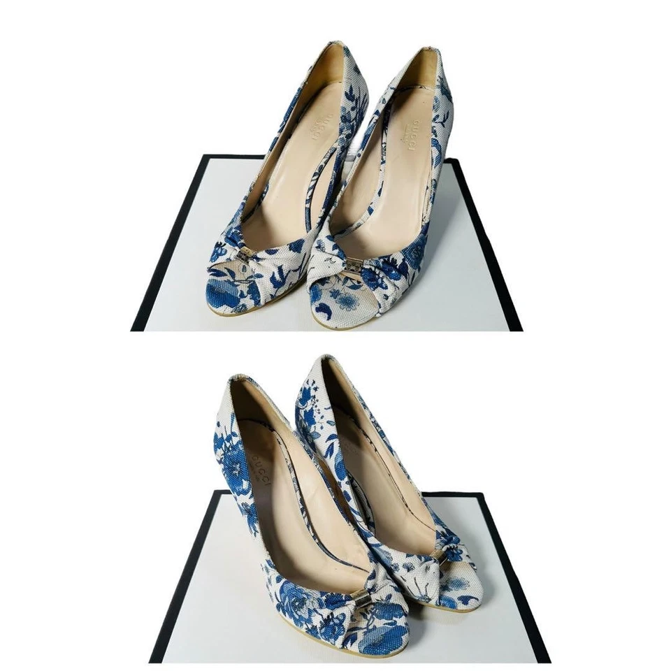 Sandalias cuña corcho estampado floral diseño raro, GUCCI, zapatos de salón, azul y blanco- Foto 3 de 4