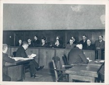 1937 Photo Press Burn Trial Court Men Women Desks Solemn Face People