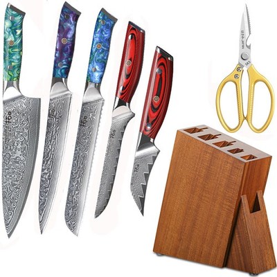 7Stk TURWHO Küche Kochmesser Damaskus Stahl Brotmesser Fleischmesser Knife Set