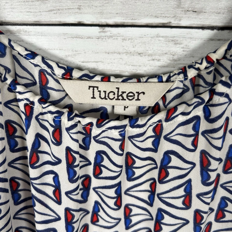 "Camisola Tucker Seda Crepé Top Talla P Geométrica Blanco Azul Rojo Náutico 38"" Busto" Foto 3 de 4