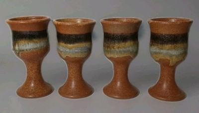 Vintage Handmade Art Dripped Pottery Wine Goblets Set Of 4 Signed By The Artist