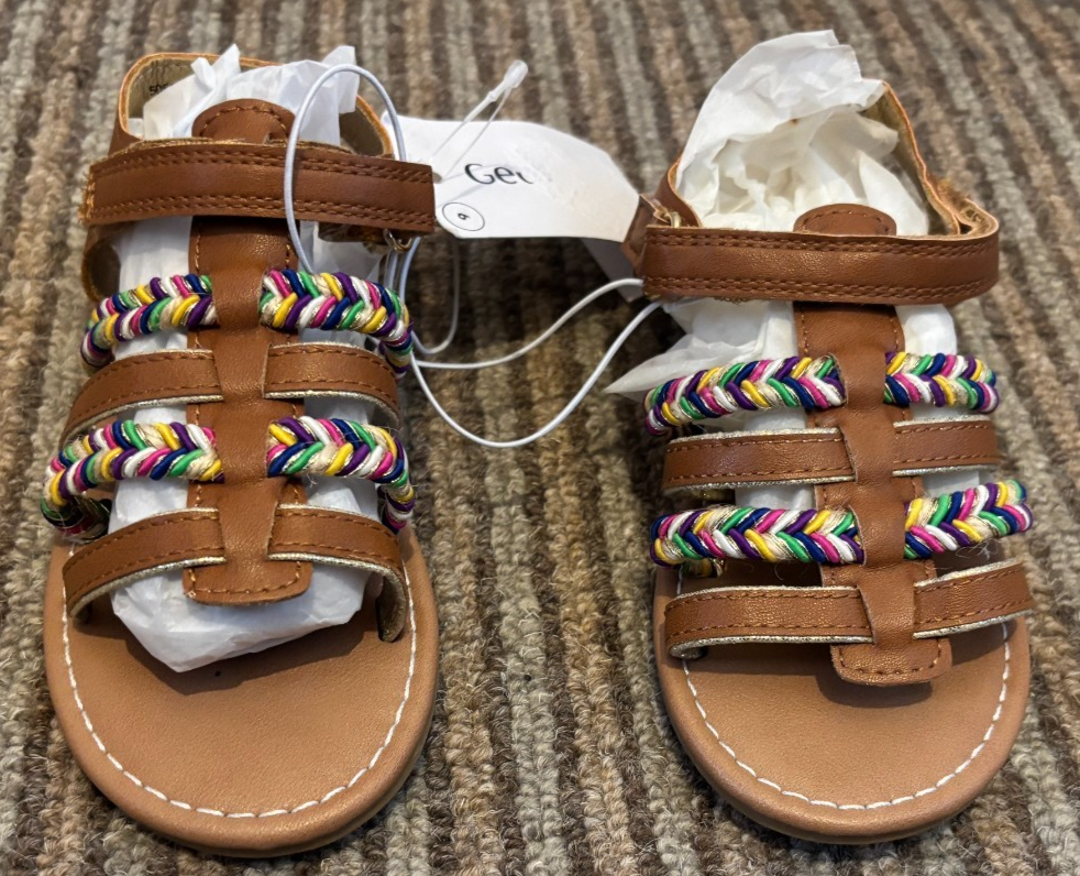 George Plaited Gladiator Sandals Kids Girls Open Toe Size 9/27 BNWT Tan/Multi