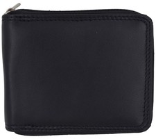 Men's Zipper RFID Blocking Premium Leather Zip-Around ID Bifold Wallet Black