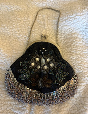 Black Floral Beaded Sequin Kiss Lock Frame Clutch Lined Silver Chain Strap