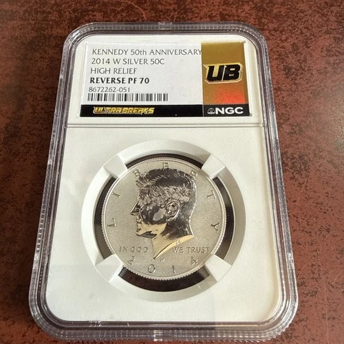 2014 W Silver 50c 50th Anniversary Kennedy High Relief, Rev PF 70