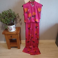 Zara Pink Satin Jumpsuit S Small Floral Bright Open Back High Neck Wide Leg