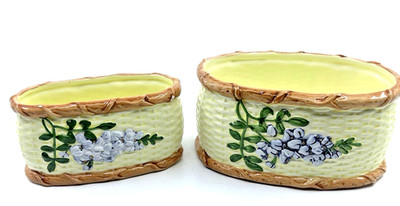 VTG 1991 CBK LTD Floral Basket Pottery Planter Farmhouse Oval Bowls Decor