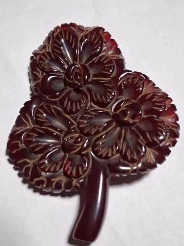 Vintage Carved Flowers Bakelite Pin Brooch Plastic Costume Jewelry