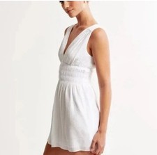 NWT Abercrombie & Fitch Smocked Plunge Crinkle Mini Dress White L Beach Party