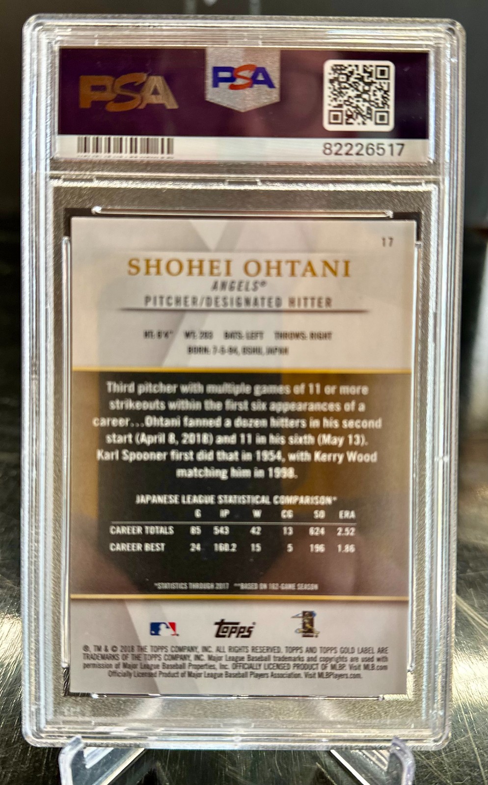 2018 TOPPS GOLD LABEL SHOHEI OHTANI CLASS 1 RC #17 PSA 9 DODGERS view 2
