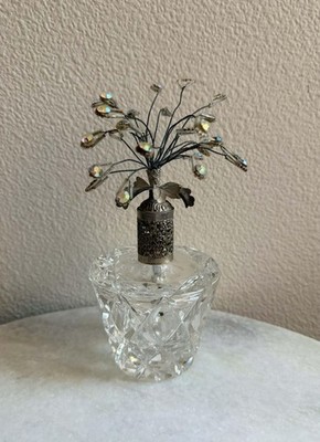 Vintage Cut Glass Perfume Bottle Atomizer Filigree Floral Beaded Top Germany