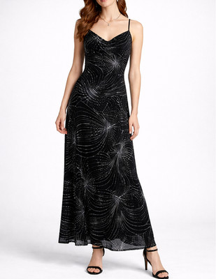 Vintage Mondi Velvet Burnout Maxi Dress Black Silver Art Deco Strappy Size 38