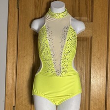 Pumpers Neon Yellow Rhinestone Embellished Mesh Leotard Dance Costume XLC