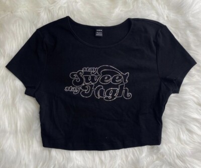 NEW SHEIN Stay sweet Stay High Rhinestone Black Cropped Shirt Size Large 