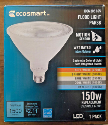Ecosmart 150W PAR38 Dimmable LED Flood Light with Motion Sense & Adjustable Colo