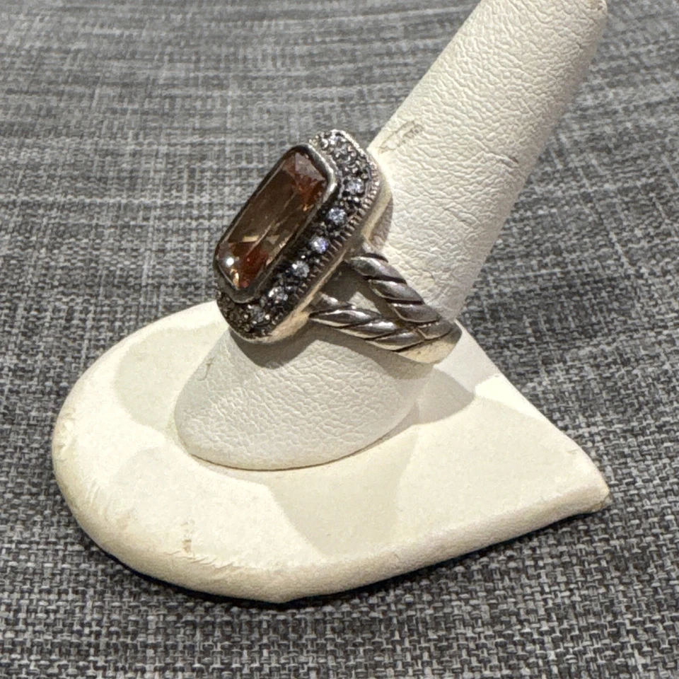 Prata esterlina ~ anel de haste dividida design de cabo com laranja CZ cercado por halo ~ tamanho 9 - Imagem 3 de 4