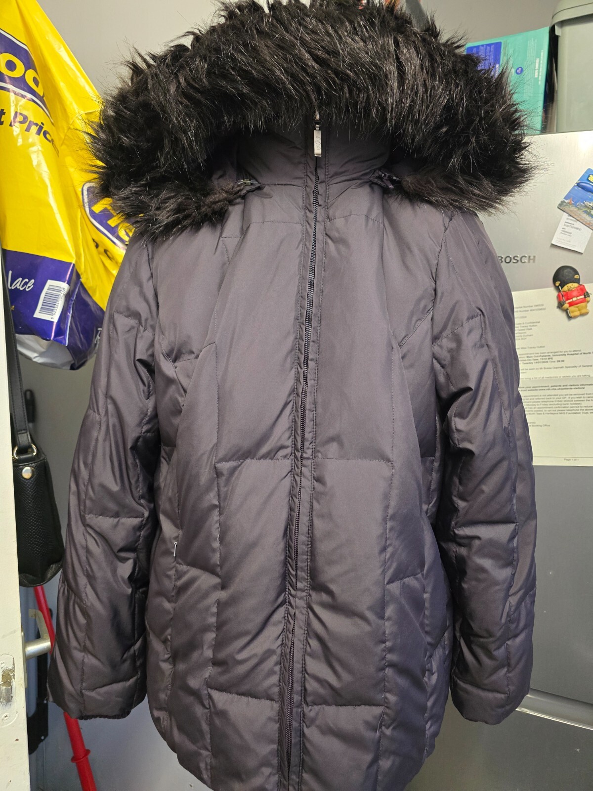 Per Una M&S Feather & Down  HOODED FAUX FUR TRIM COAT  Aubergene Size L