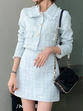 Female Skirt Suits Autumn Tweed Two Piece Set Women Outfits Crop Top Skirt Set