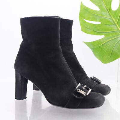 Stuart Weitzman Women's Boot Size 7.5 Block Heel Black Suede Bootie Buckle Strap