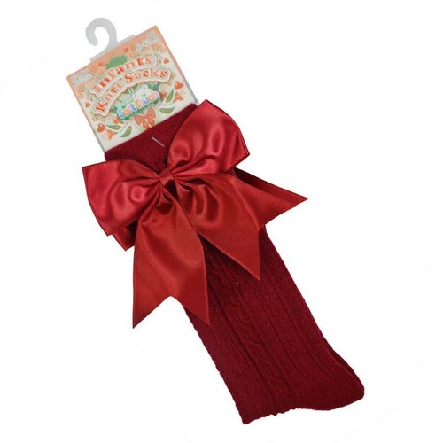 Baby Girls Knee High Satin Bow Socks Burgundy Soft Touch 0-24 Months UK - Picture 2 of 2