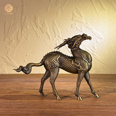 Chinese bronze hand casting Fire Qilin  fengshui home statue figure collectable