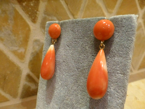 Vintage 14k or Jaune Sculpté Corail Tomate Rouge Orange Goutte Pendantes Boucles - Photo 4 sur 7