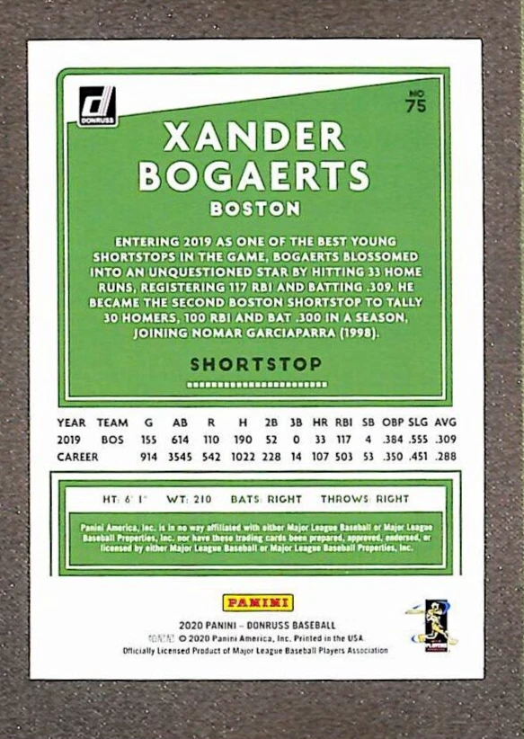 2020 Panini Donruss #75 Xander Bogaerts Season Stat Line .309 Avg Foil SP #/309  - Image 2 of 2