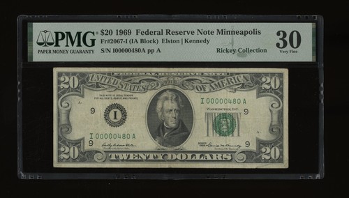 DBR 1969 $20 FRN Minneapolis Fr. 2067-I PMG 30 Low Serial I00000480A