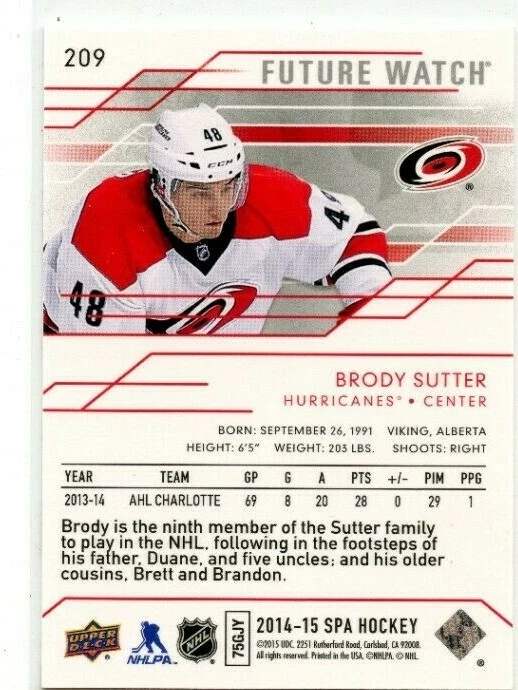 2014-15 SP Authentic #209 Brody Sutter RC 70/999 - Image 2 of 2