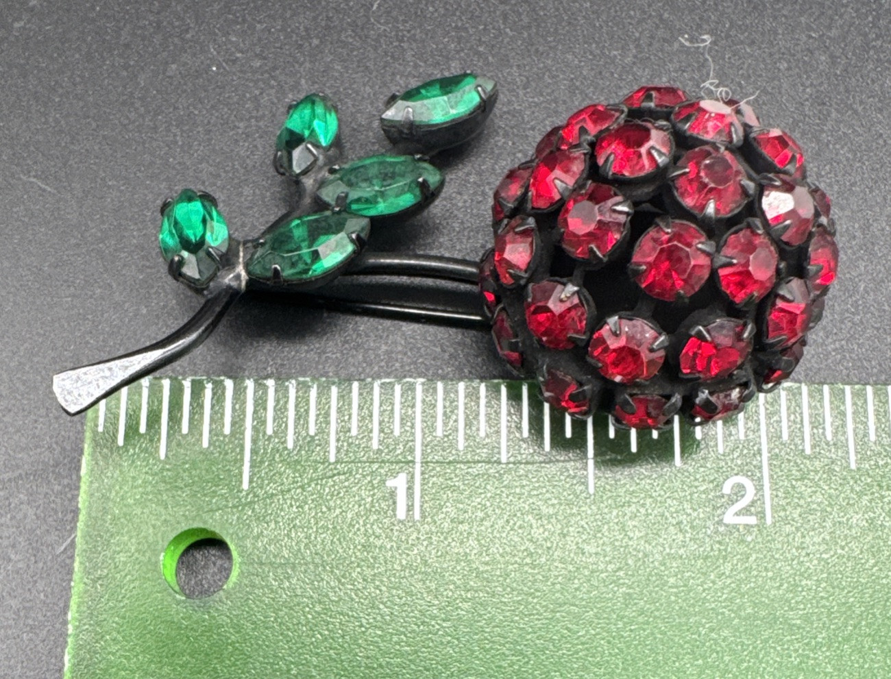 Signed Vintage WARNER Rhinestone Red Cherry Green… - image 2