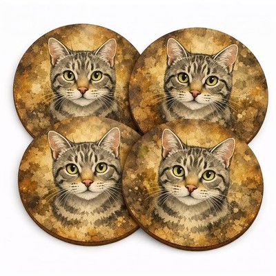 Grau Tabby Katze Untersetzer Brew Crew Geschenke 4er Set 9 cm Rund Hitzebeständig