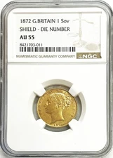 1872 GOLD GREAT BRITAIN VICTORIA YOUNG HEAD SHIELD SOVEREIGN NGC ABOUT UNC 55