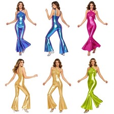 Women Fringe Show Metallic Dance Jumpsuit Outfit Catsuit Disco Iridescent Club