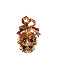 Christmas Ornament Brooch Pin Gold Tone Red Bow Filigree Holiday Gift Jewelry