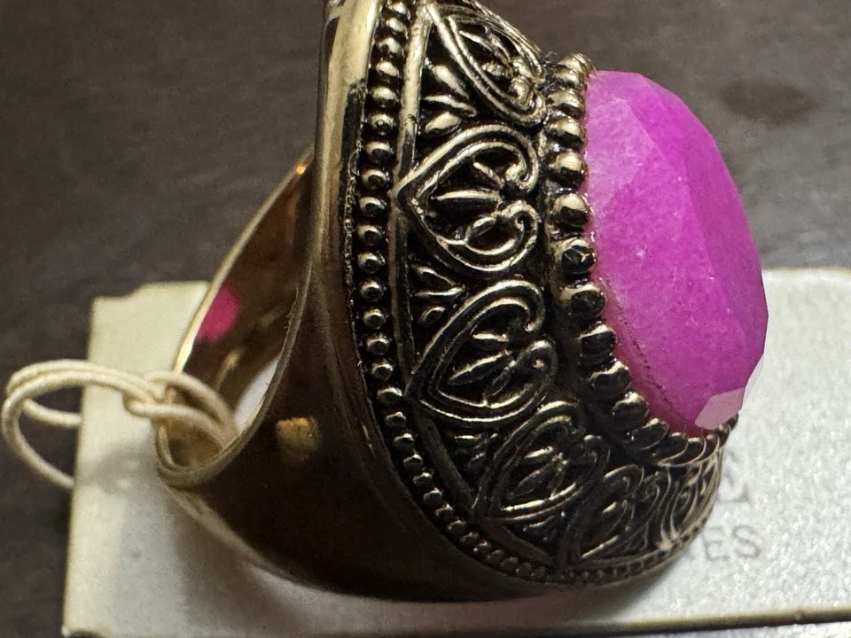 Anillo de piedra genuina Barse - Piedra preciosa de ágata rosa, acabado dorado antiguo Foto 2 de 4
