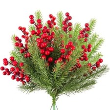 10Pcs Christmas Decoration Artificial Pine Branches Holly Berries Red Berry Bran