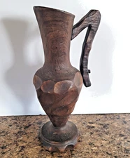 Decorative Hand Carved Wooden Pitcher Vase with Handle 10.25" Tall MCM Vintage