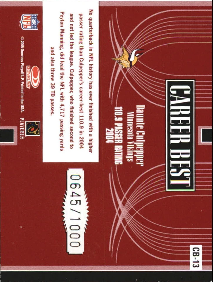2005 Donruss Elite Career Best Red #CB13 Daunte Culpepper /1000 - FB - Image 2 of 2