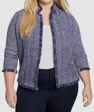 Chaqueta tejida Nic + Zoe para mujer azul cuello muesca flecos mezcla talla M