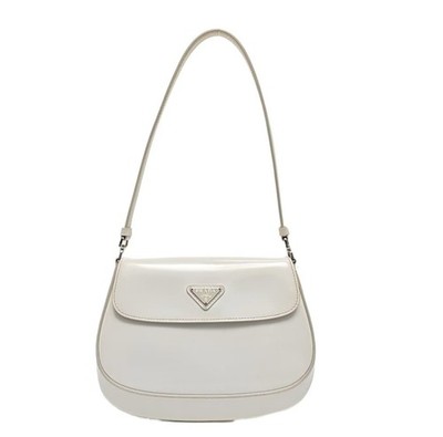 Prada Cleo Flap Shoulder Bag White Brushed Leather SHW Triangle Logo