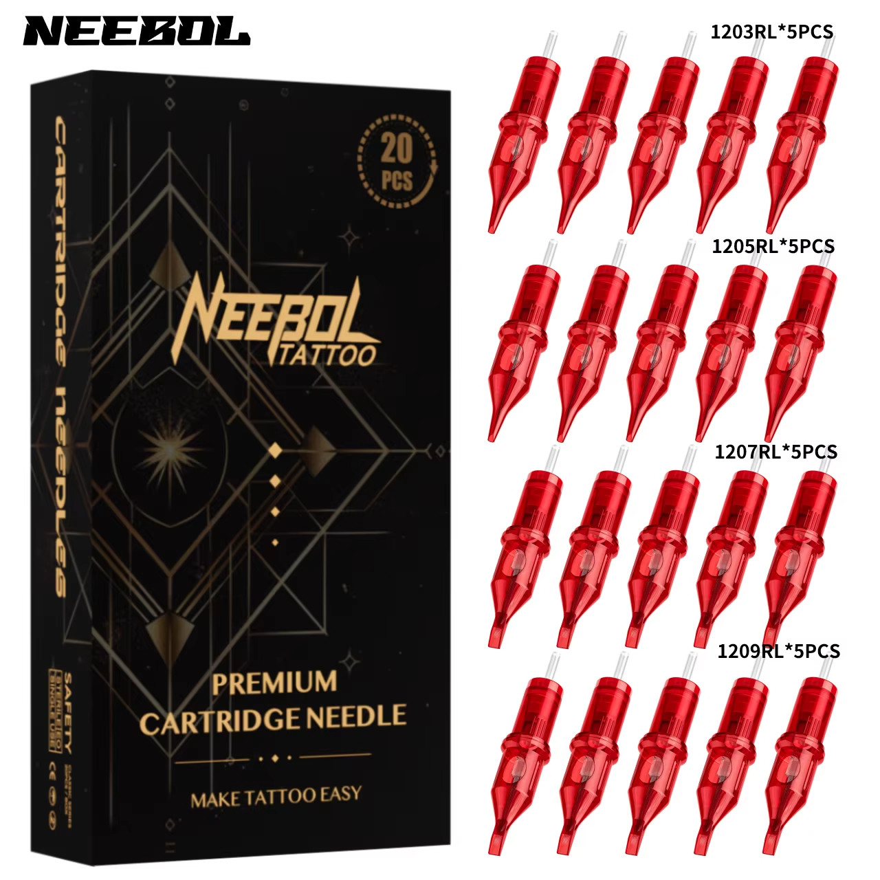 20/50Pcs Neebol Tattoo Cartridge Needles Mixed Size Assorted round Liner Shader 
