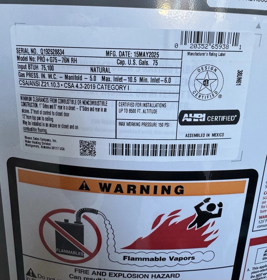 NUEVO calentador de agua a gas Rheem PRO+G75-76N RH 75 galones Nat 75 k BTU fabricado 2025 Foto 3 de 4