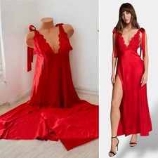 Victoria  s Secret Luxe Vermillion Red Slip Dress Bow Embroidery Night Gown M