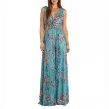 R M Richards Women's Metallic Floral Print Sleeveless Gown Turquoise Sz 12