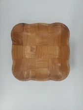 Vintage Woven Wood Serving/Salad Bowl Decorative Square Scallop Edge 11”