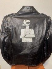 RARE Vintage 1960s Black Leather Motorcycle Biker Jacket XL46 Snoopy Flying Ace