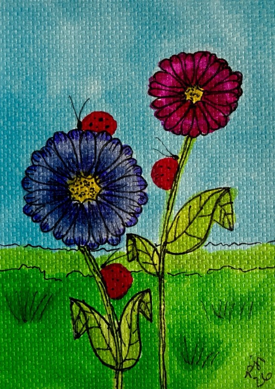 ACEO Gerber Daisy Original Mini Painting Art By PJR ‘In The Garden’ Flowers