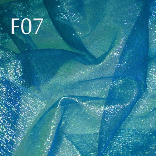 F07 PER YARD Teal Blue wLime reflex Shiny Iridescent Ruffle Sheer Organza Fabric - 第 1/6 張圖片
