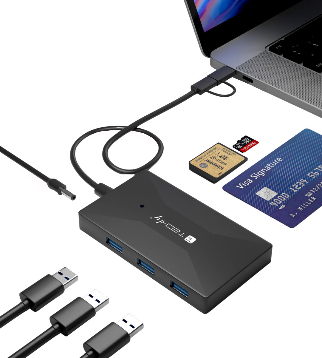 Techly Lettore di Memorie SD/TF Smart Card con Hub 3 Porte USB