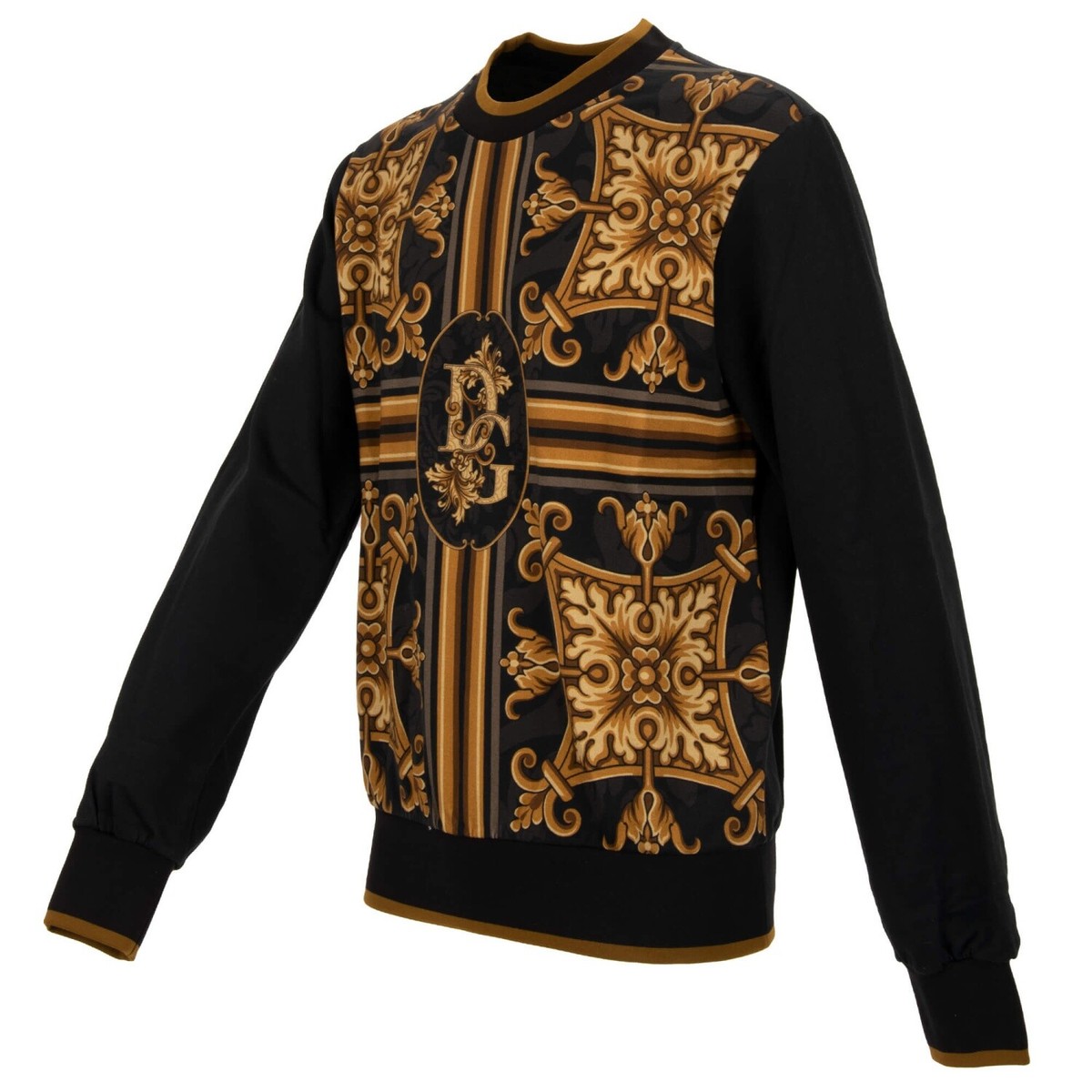 DOLCE & GABBANA Baroque Cotton Silk DG Logo Sweater Black Gold